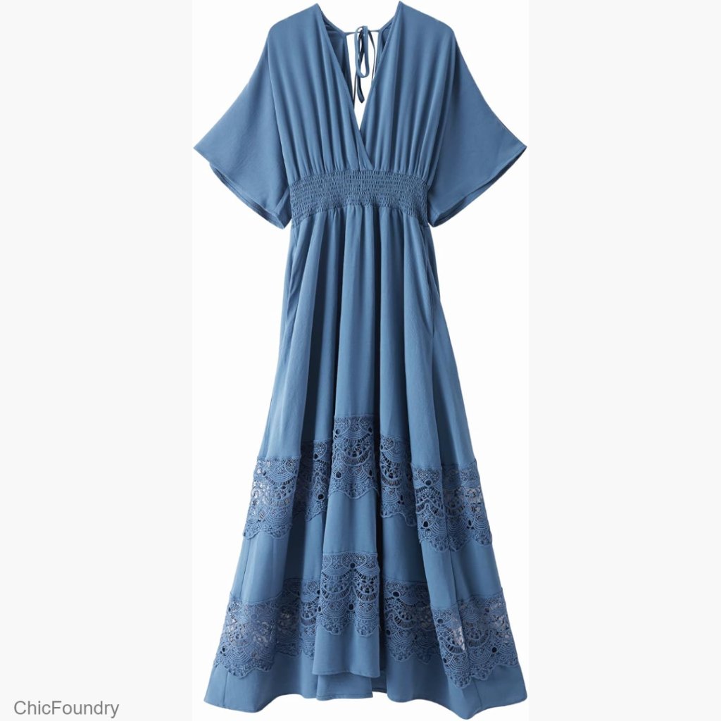 Lace Maxi Dress Short Sleeve V Neck Smocked Waist Boho Formal Party